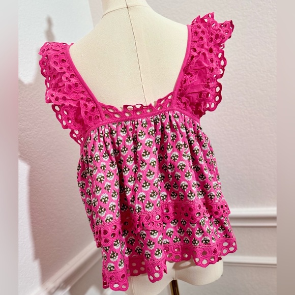 ANTHROPOLOGIE Let Me Be Layered Ruffle Tiered Pink Floral Eyelet Swing Top - Picture 13 of 17
